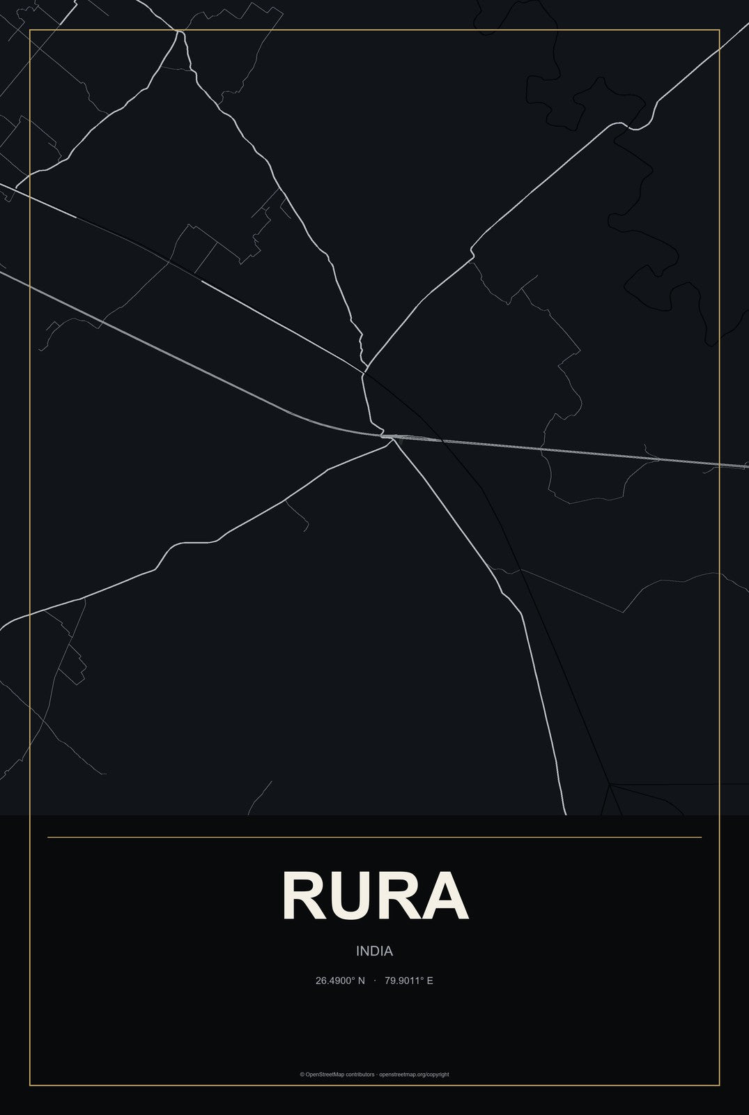 Rura, India City Map Aluminum Sign in Metropolitan Noir style