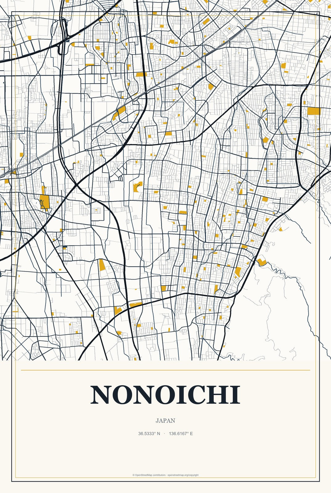 Nonoichi, Japan City Map Aluminum Sign in Citrine Modern style