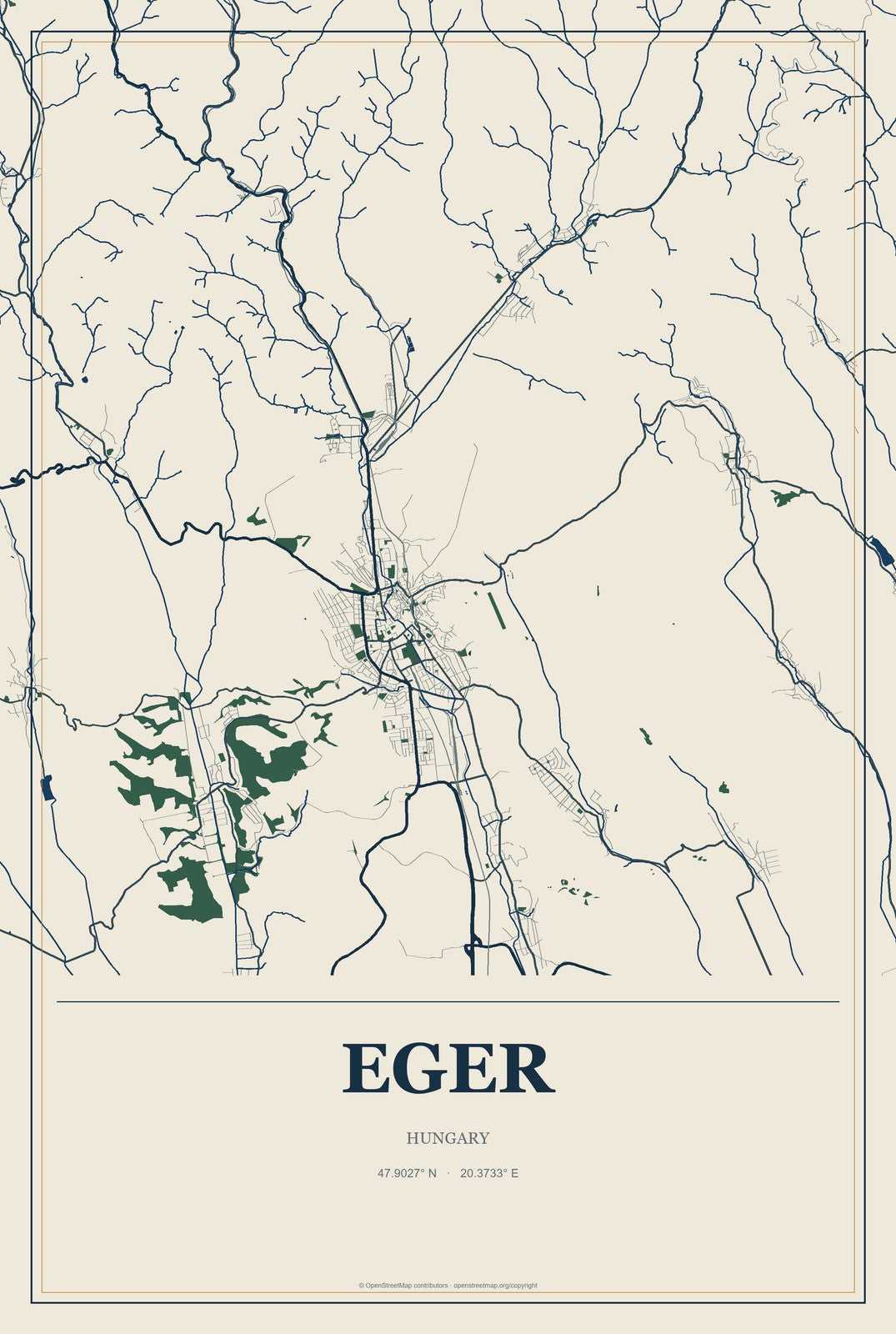Eger, Hungary City Map Aluminum Sign in Coastal Cutout style
