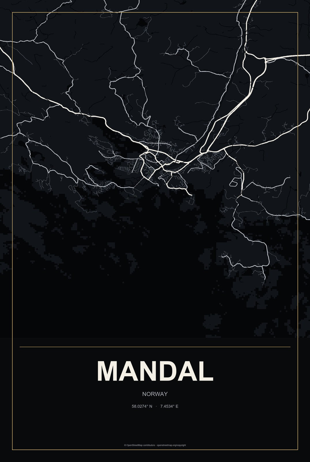 Mandal, Norway City Map Aluminum Sign in Metropolitan Noir style