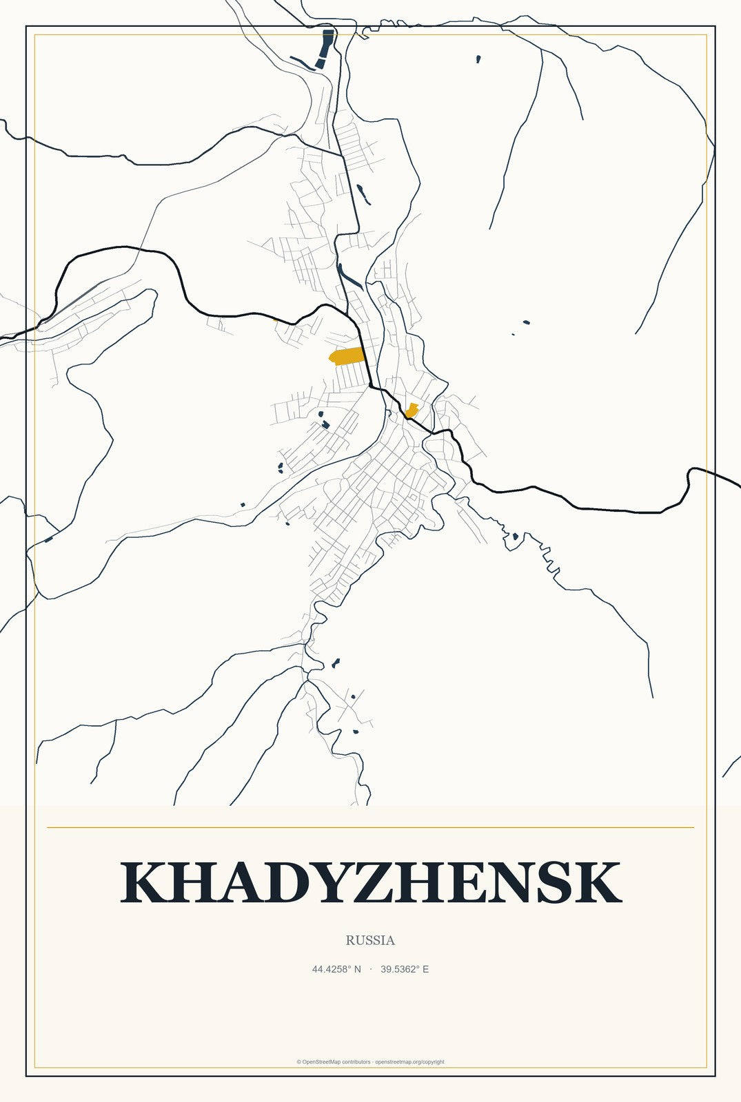 Khadyzhensk, Russia City Map Aluminum Sign in Citrine Modern style