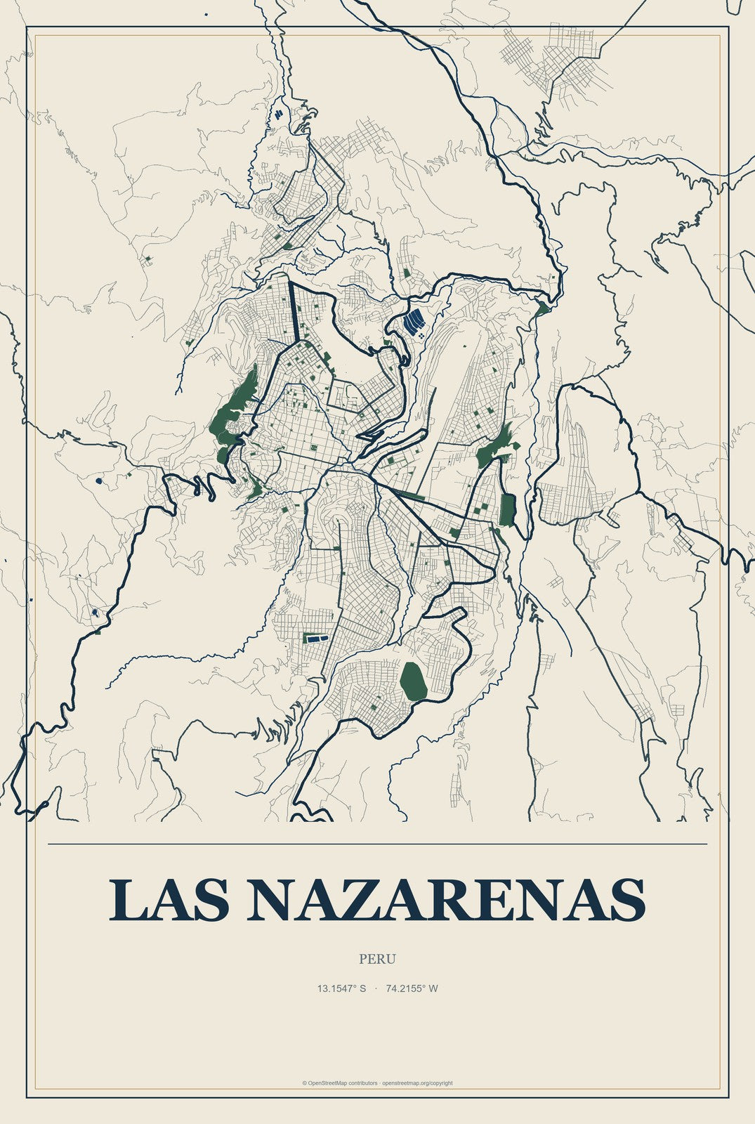 Las Nazarenas, Peru City Map Aluminum Sign in Coastal Cutout style