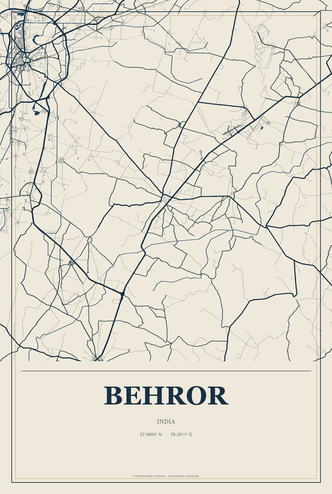Behror, India City Map Aluminum Sign in Coastal Cutout style