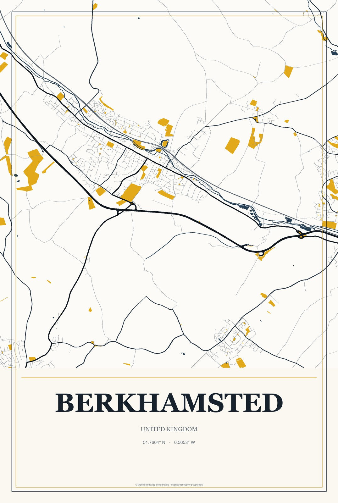 Berkhamsted, United Kingdom City Map Aluminum Sign in Citrine Modern style