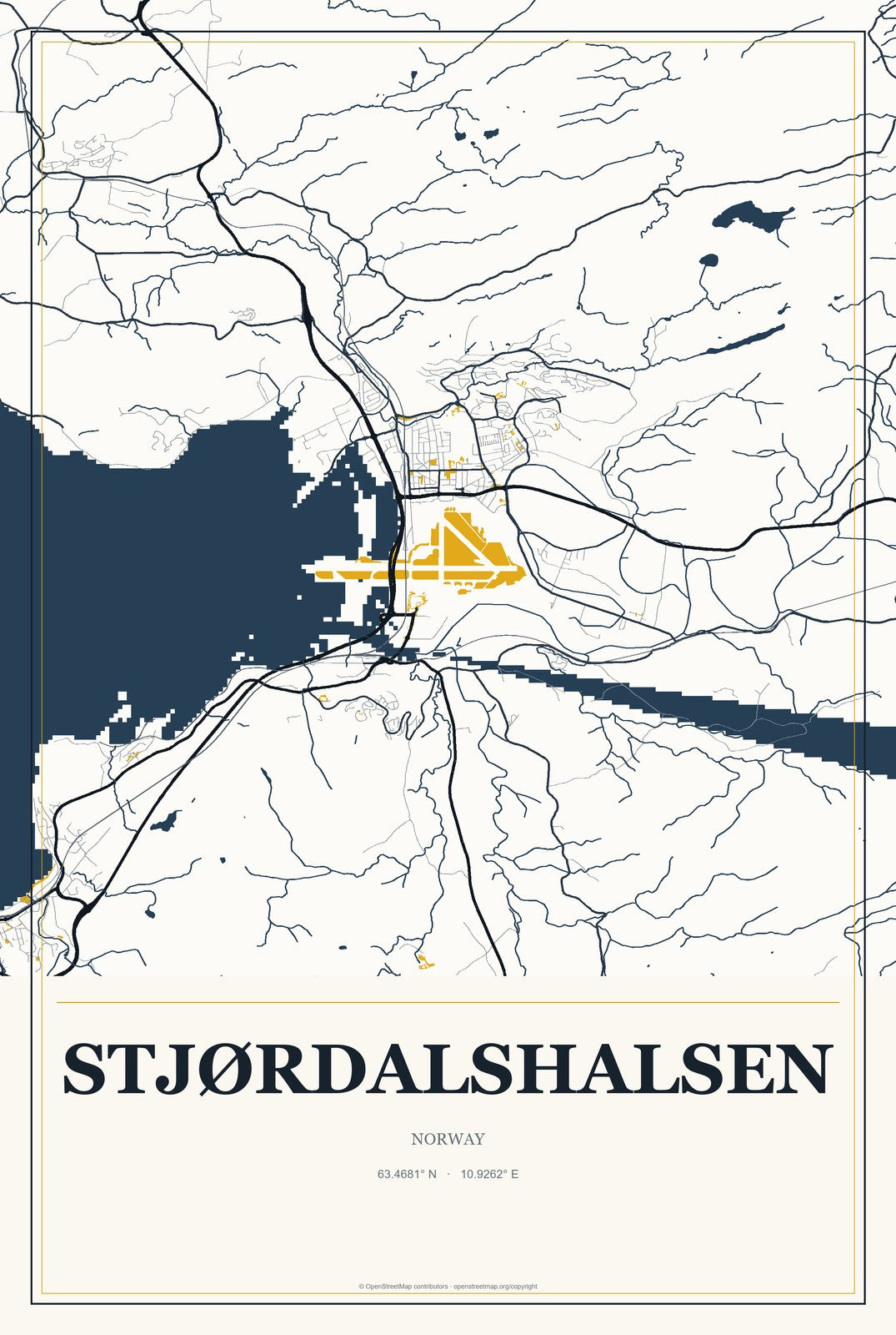 Stjørdalshalsen, Norway City Map Aluminum Sign in Citrine Modern style