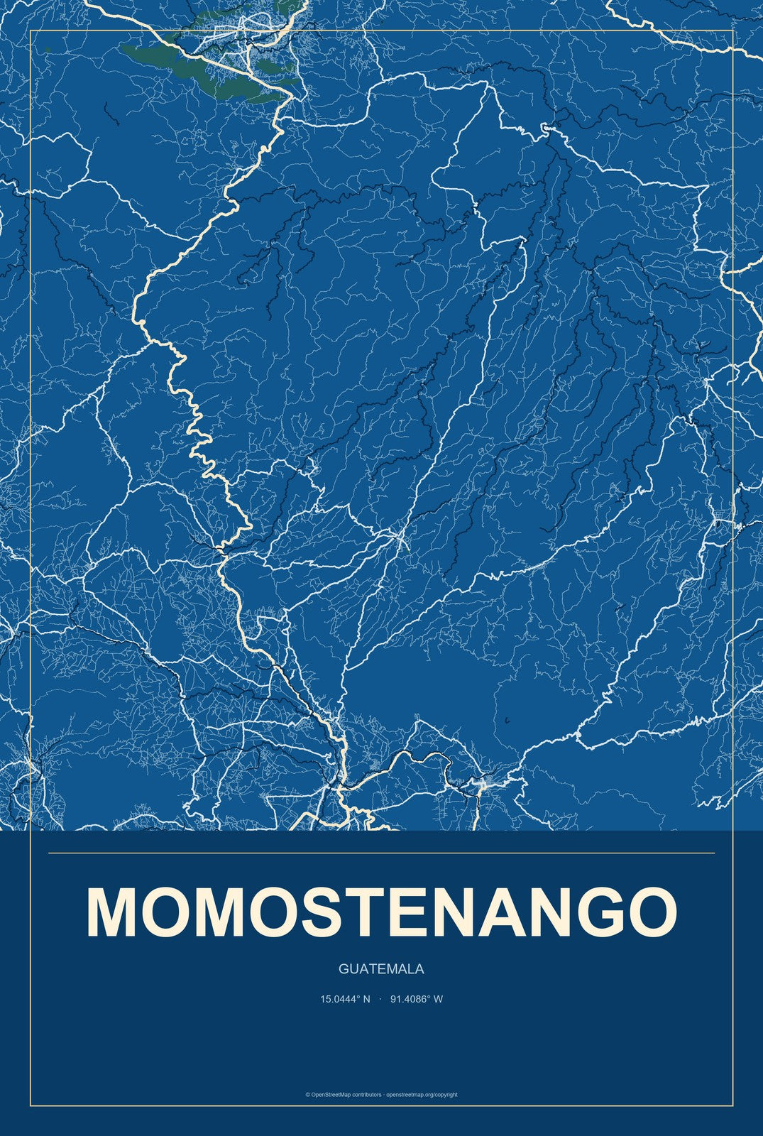 Momostenango, Guatemala City Map Aluminum Sign in Harbor Cobalt style