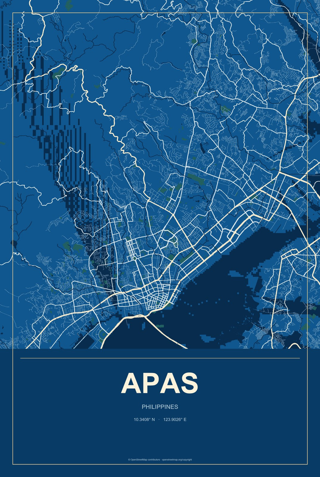Apas, Philippines City Map Aluminum Sign in Harbor Cobalt style