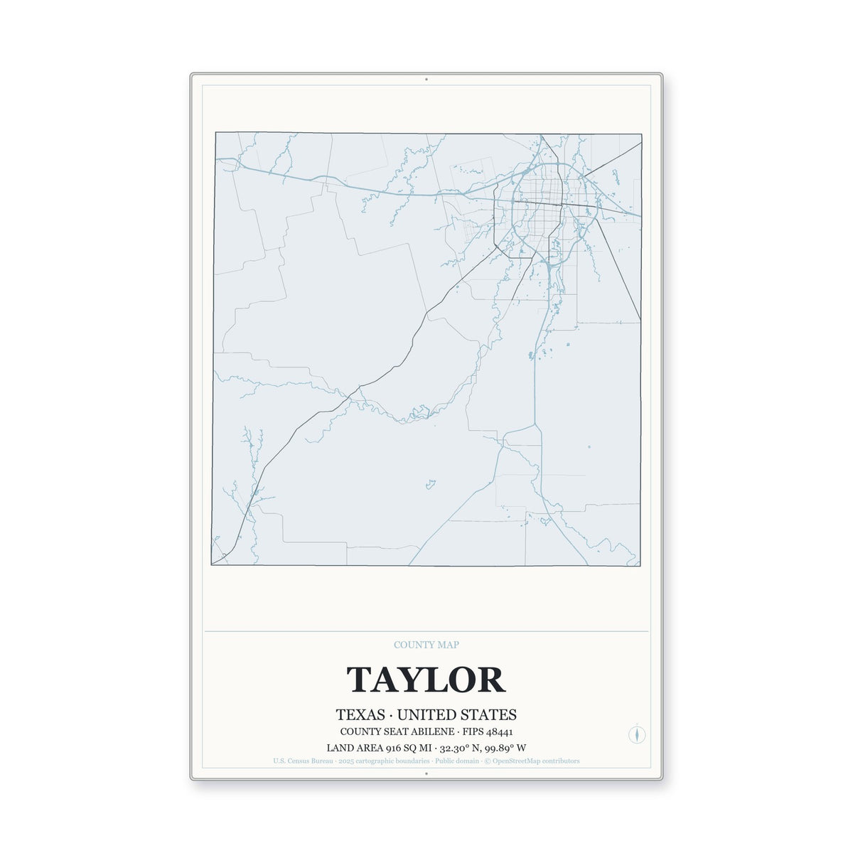 Taylor County, Texas Map Aluminum Sign in Gallery Air style