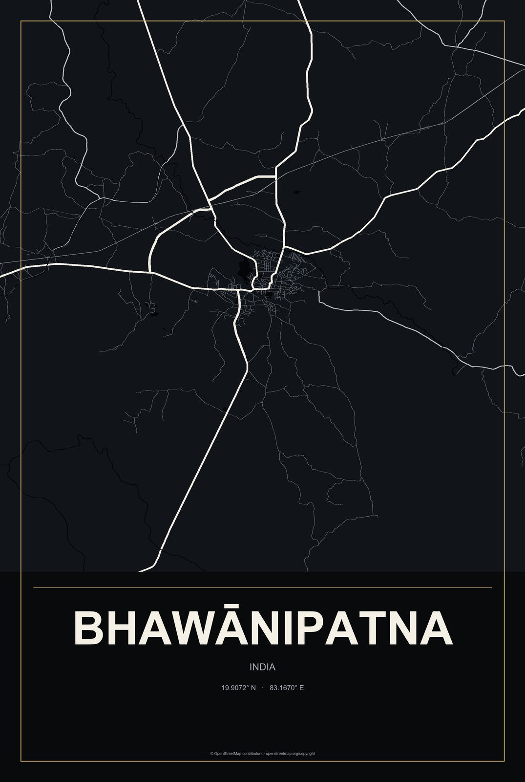 Bhawānipatna, India City Map Aluminum Sign in Metropolitan Noir style