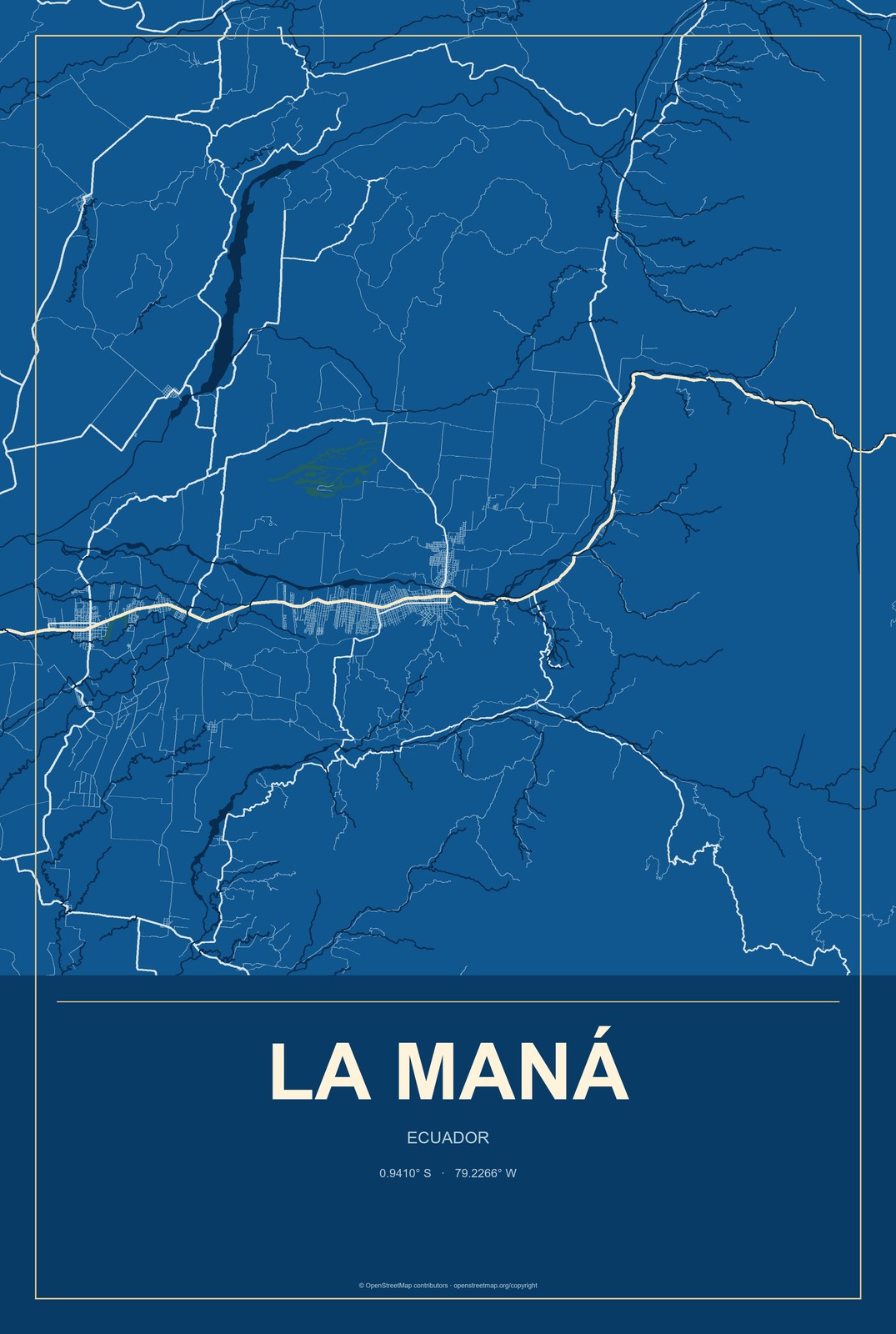 La Maná, Ecuador City Map Aluminum Sign in Harbor Cobalt style