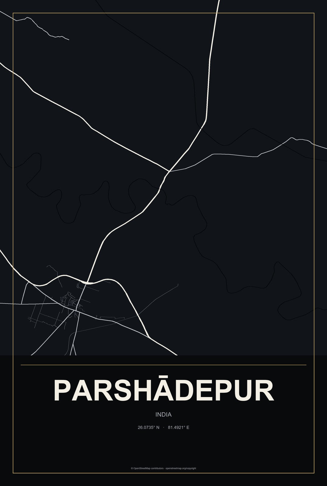 Parshādepur, India City Map Aluminum Sign in Metropolitan Noir style