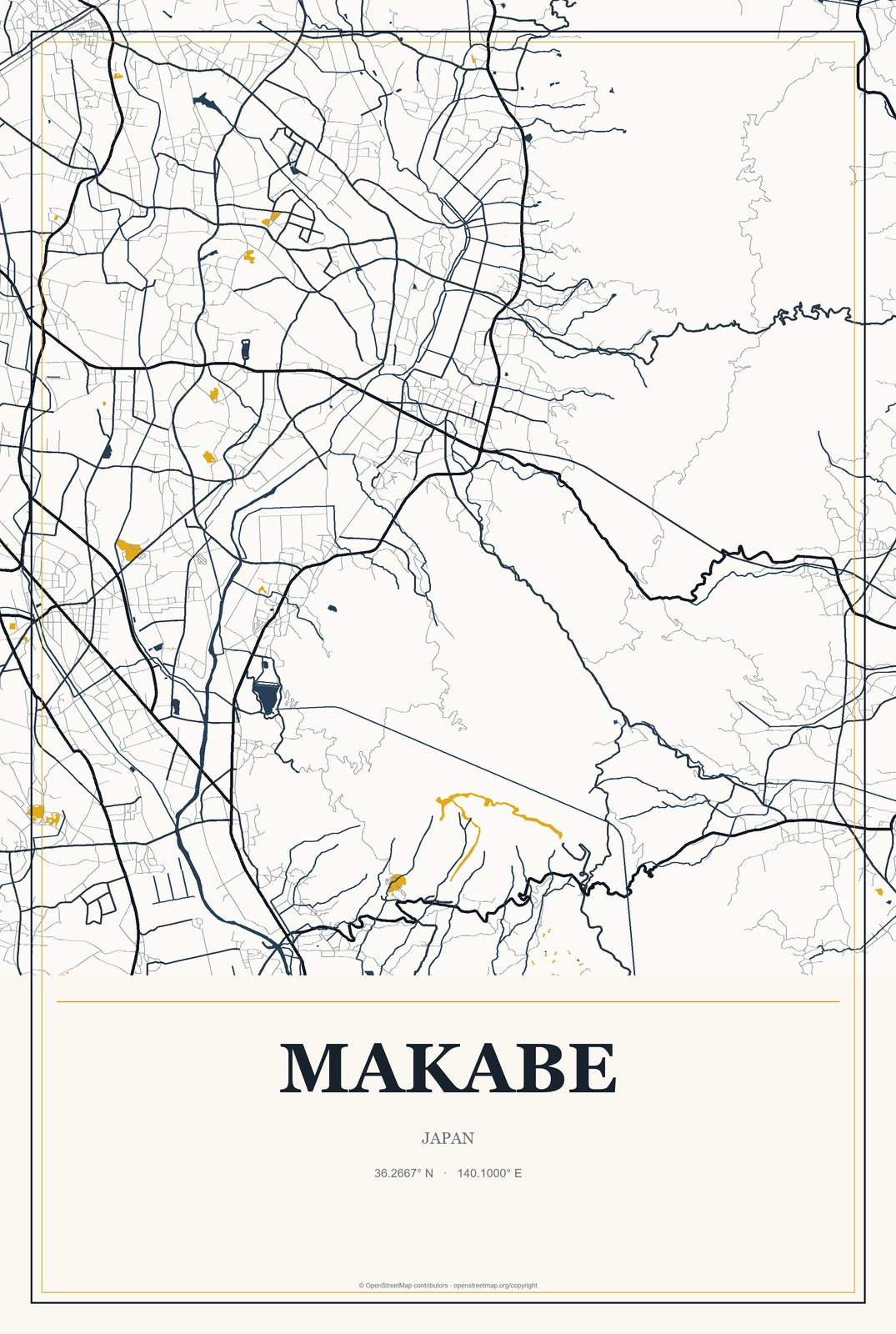 Makabe, Japan City Map Aluminum Sign in Citrine Modern style