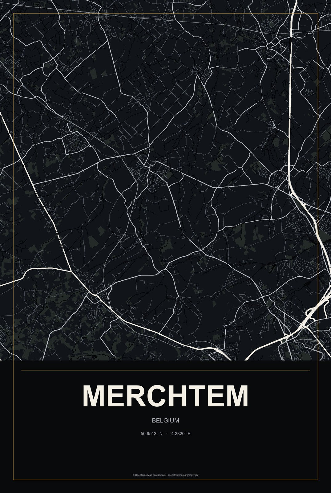 Merchtem, Belgium City Map Aluminum Sign in Metropolitan Noir style