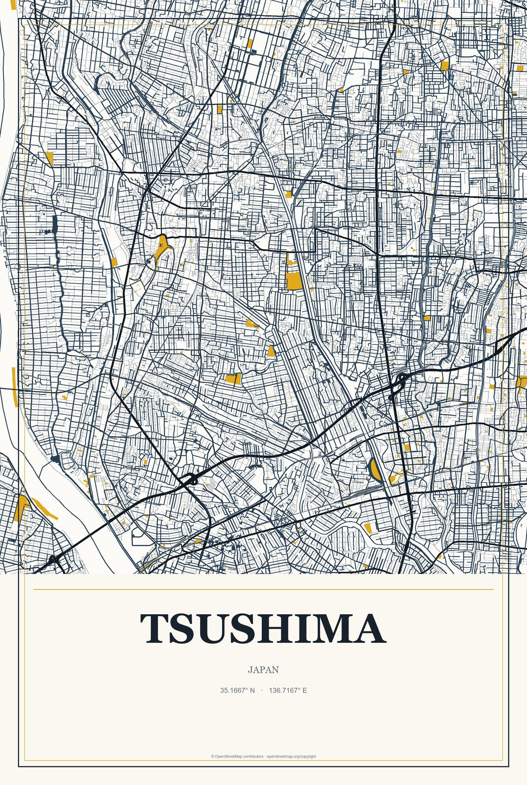 Tsushima, Aichi, Japan City Map Aluminum Sign in Citrine Modern style