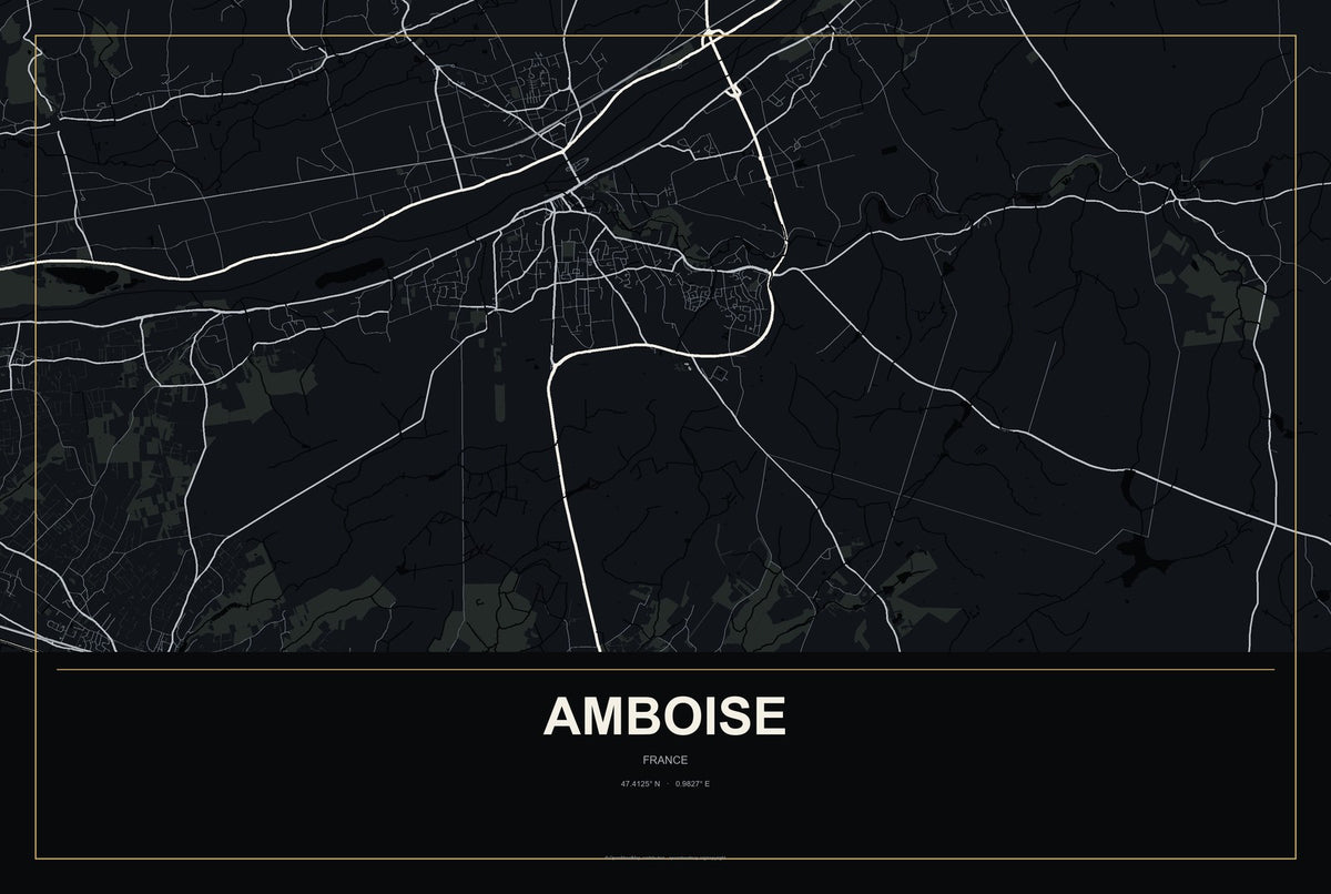 Amboise, France City Map Aluminum Sign in Metropolitan Noir style
