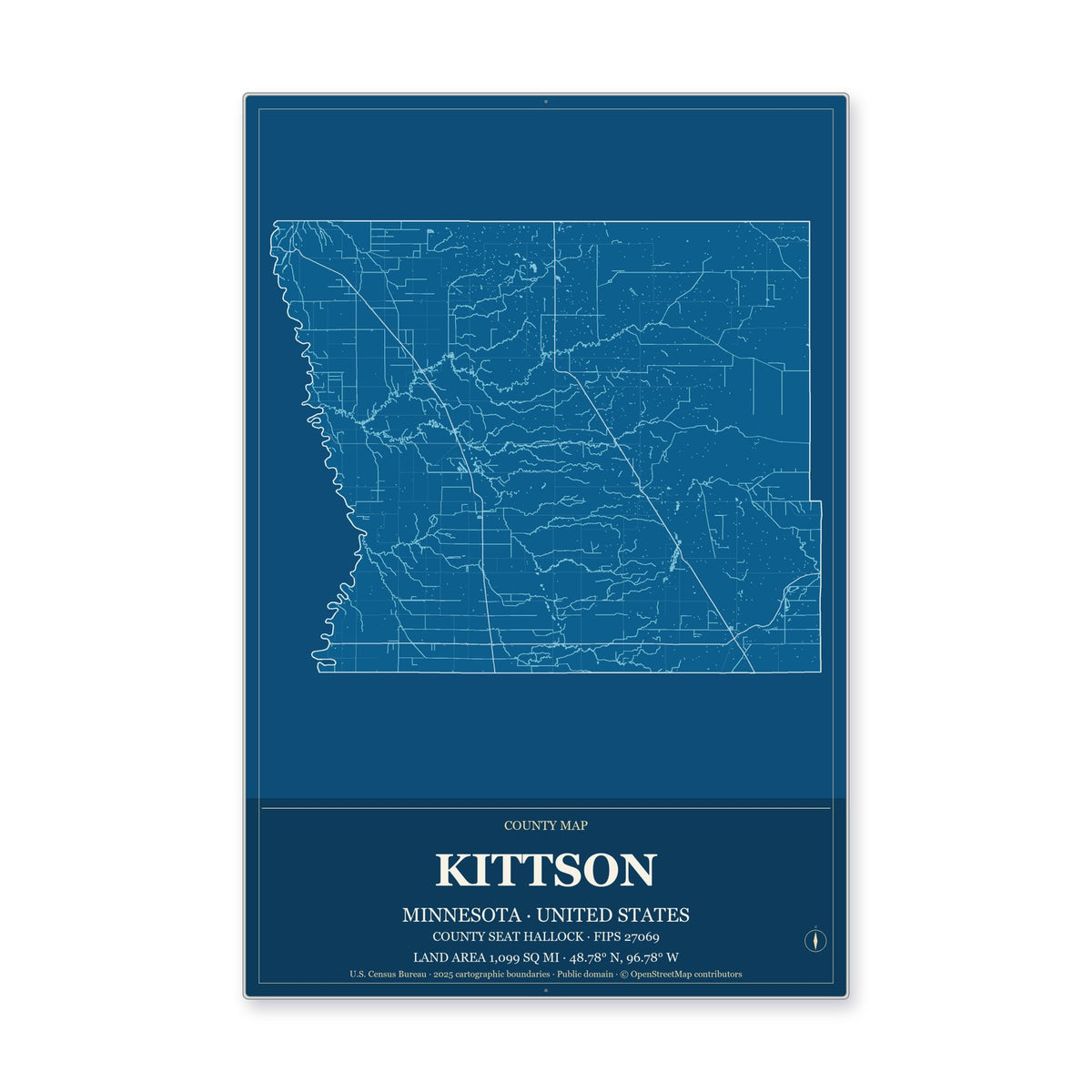Kittson County, Minnesota Map Aluminum Sign in Harbor Cobalt style