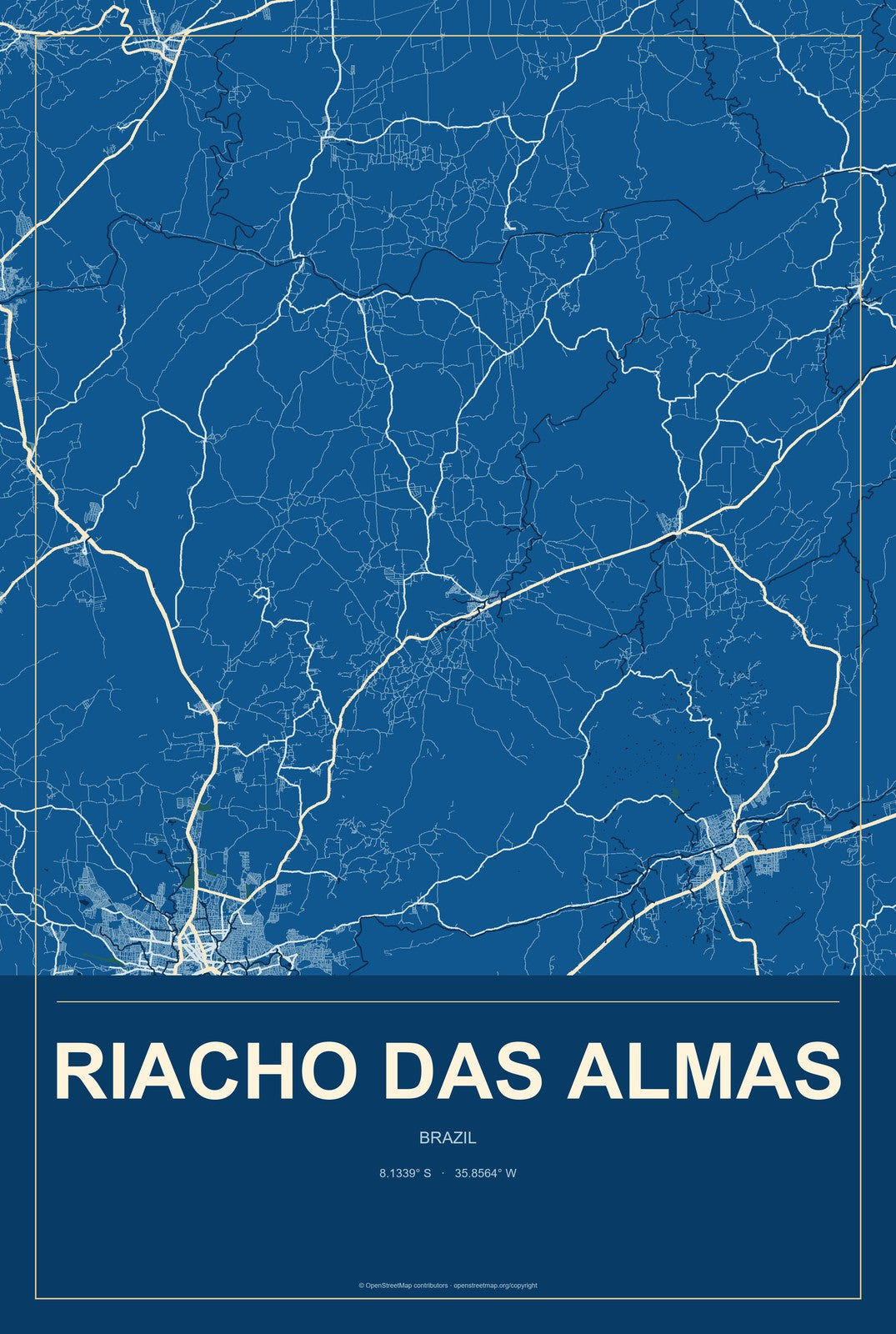 Riacho das Almas, Brazil City Map Aluminum Sign in Harbor Cobalt style