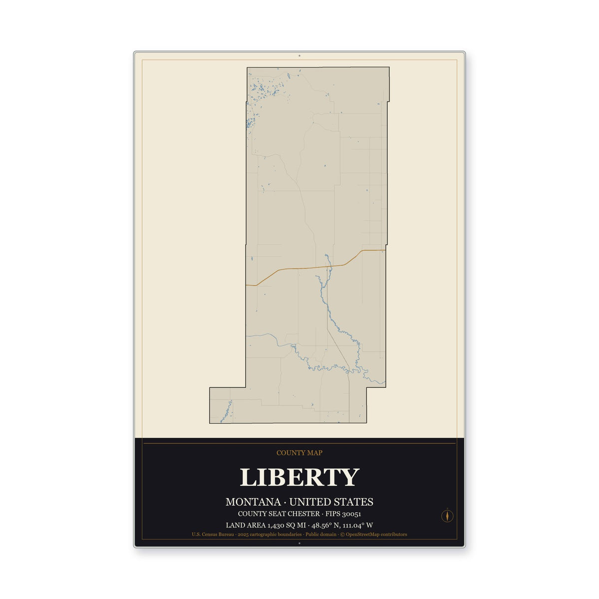 Liberty County, Montana Map Aluminum Sign in Museum Plaque style