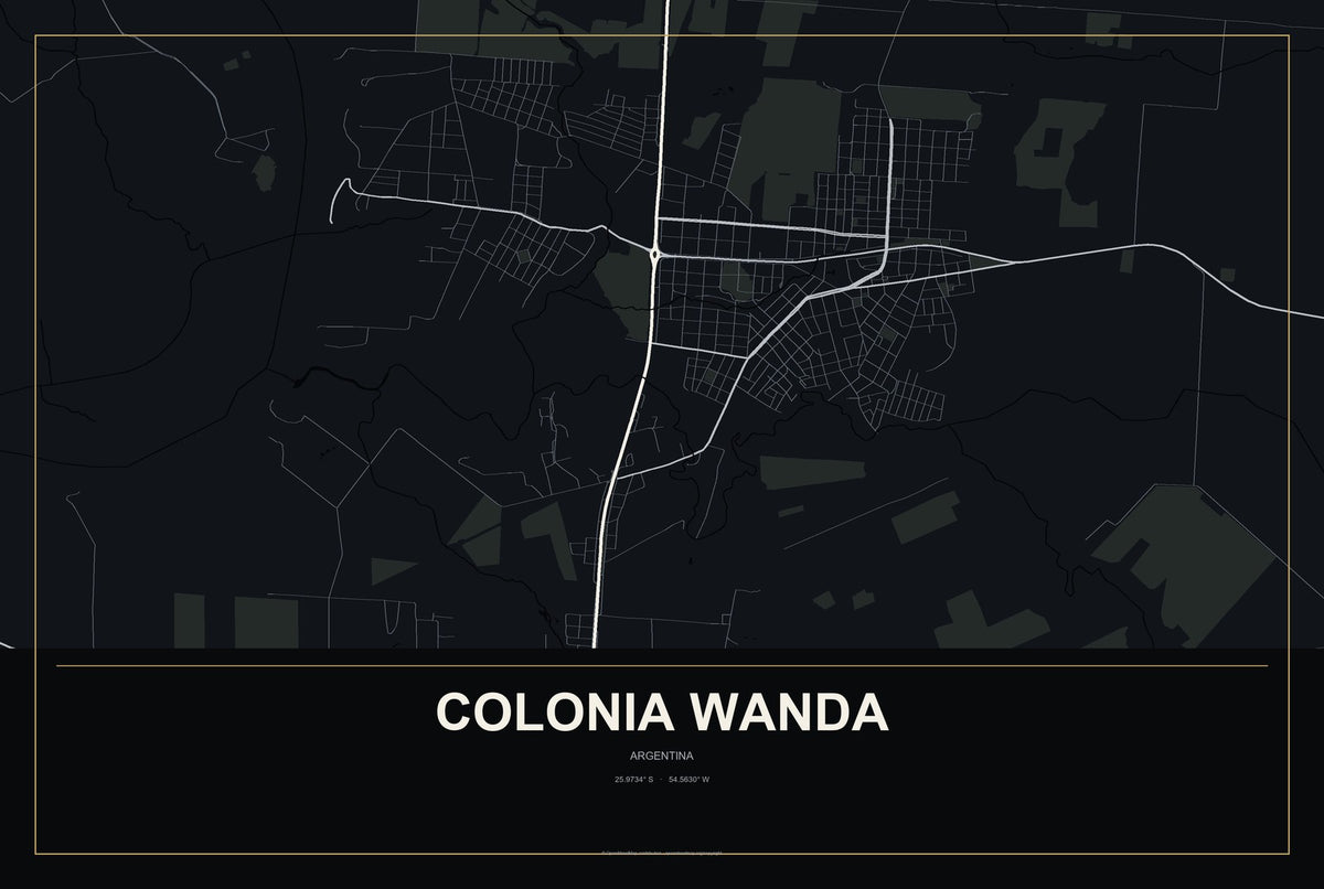 Colonia Wanda, Argentina City Map Aluminum Sign in Metropolitan Noir style