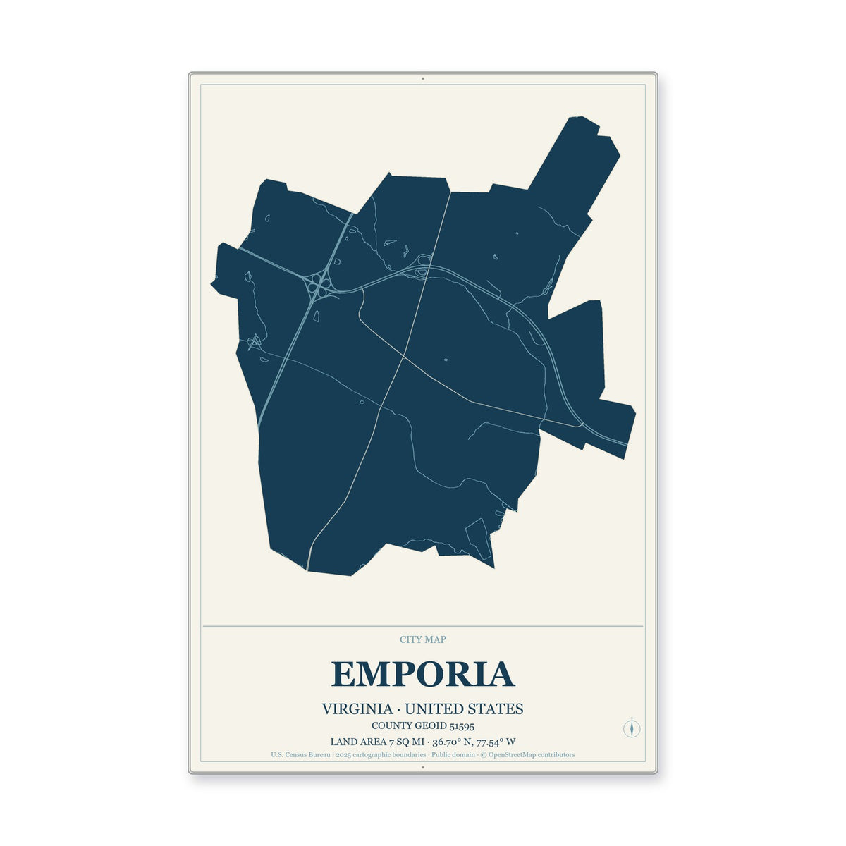 Emporia city, Virginia Map Aluminum Sign in Coastal Cutout style