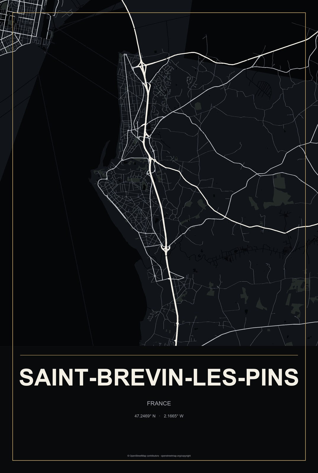 Saint-Brevin-les-Pins, France City Map Aluminum Sign in Metropolitan Noir style