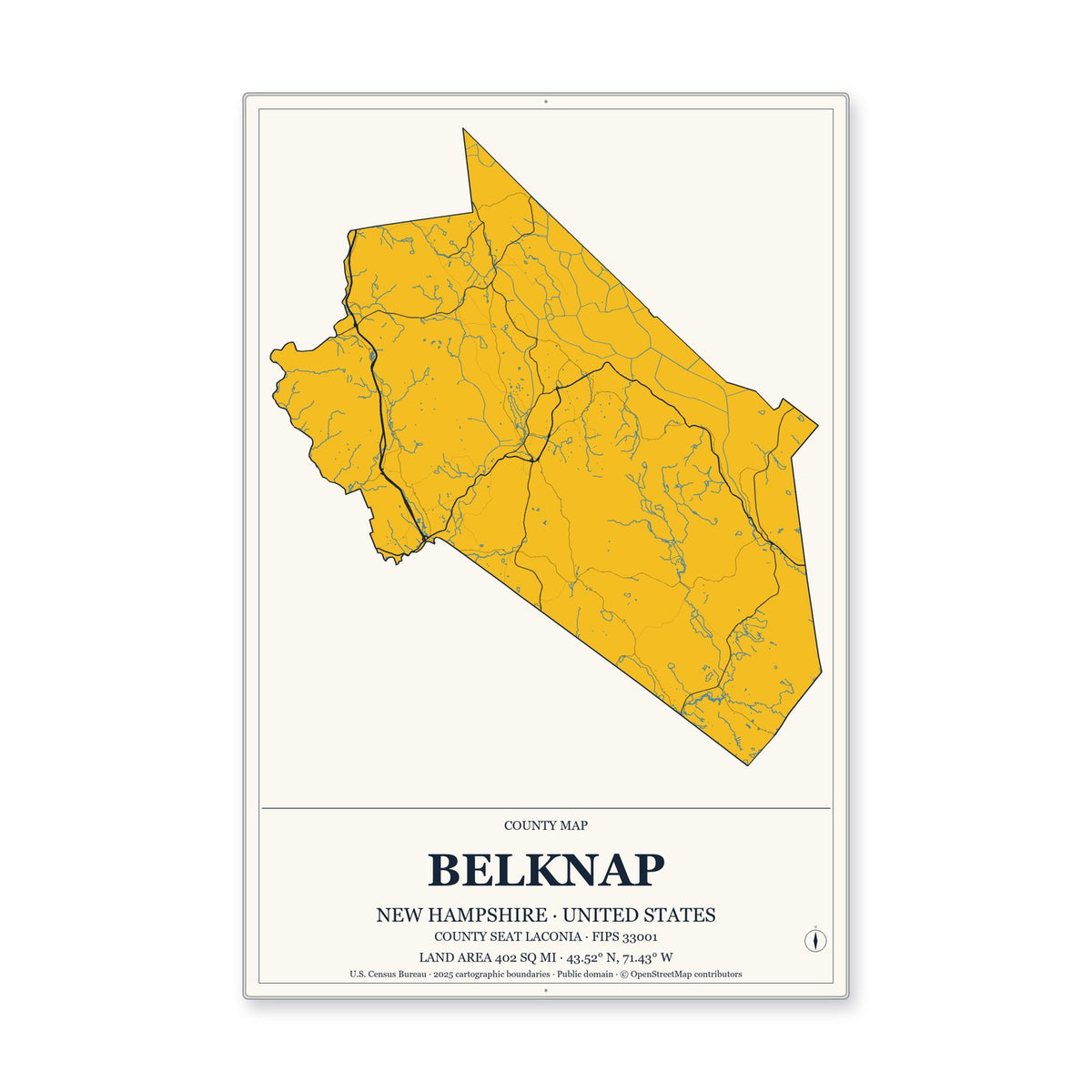 Belknap County, New Hampshire Map Aluminum Sign in Citrine Modern style