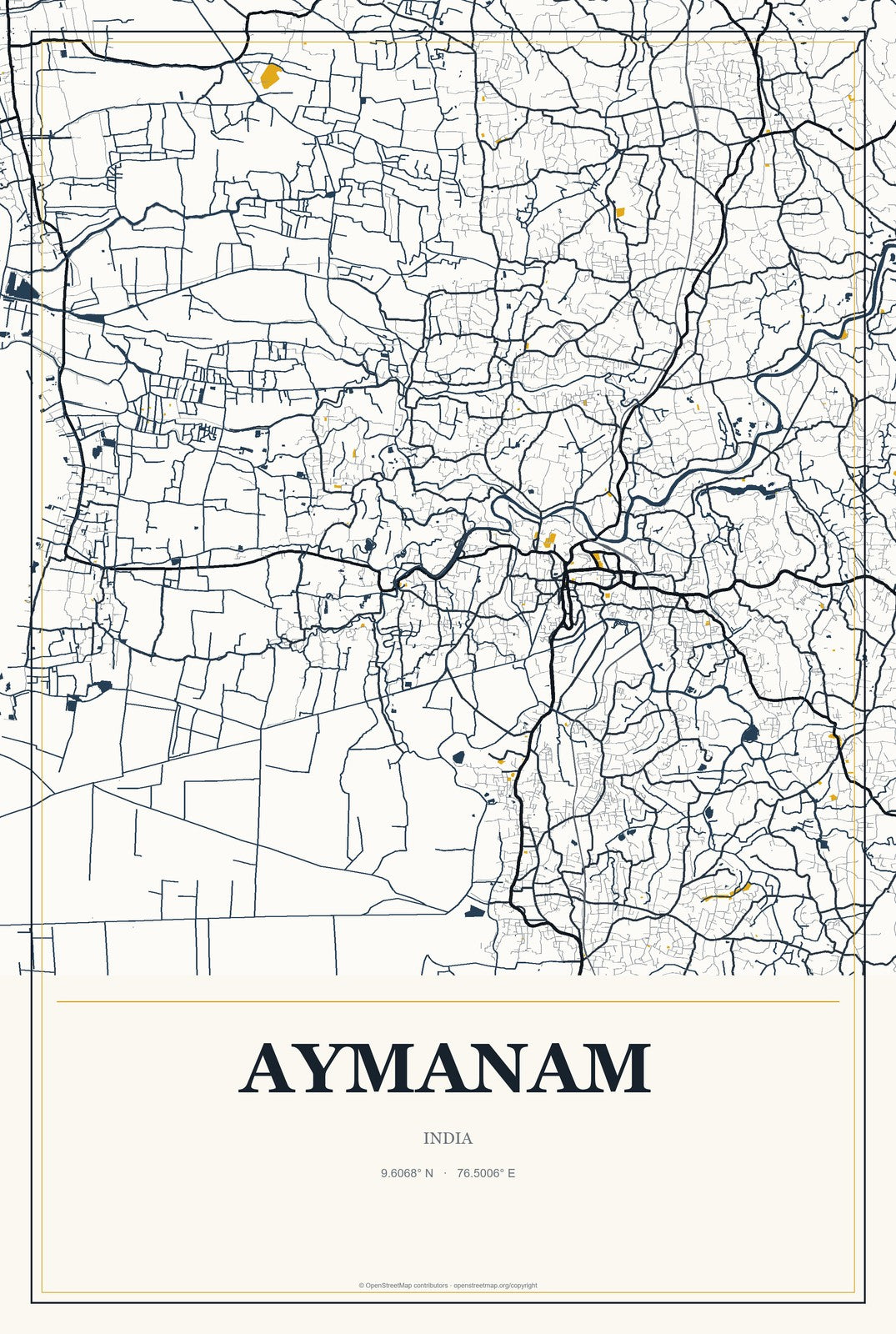Aymanam, India City Map Aluminum Sign in Citrine Modern style