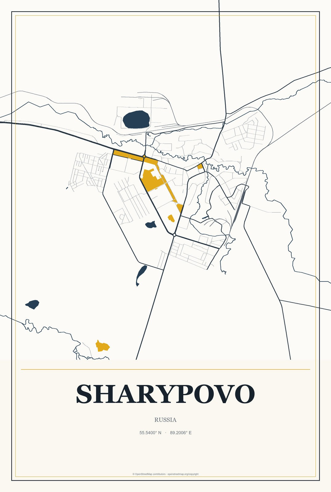 Sharypovo, Russia City Map Aluminum Sign in Citrine Modern style