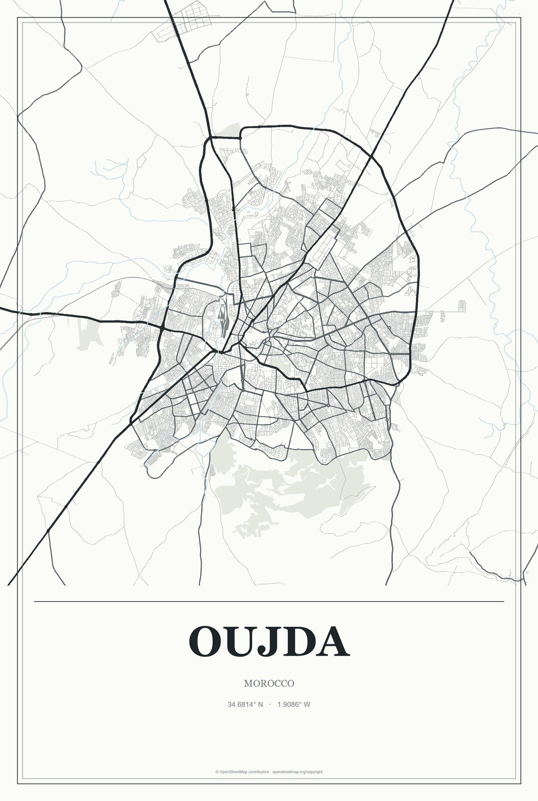 Oujda, Morocco City Map Aluminum Sign in Gallery Air style