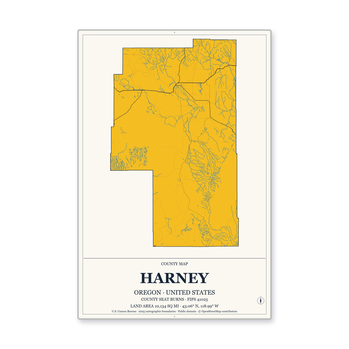 Harney County, Oregon Map Aluminum Sign in Citrine Modern style