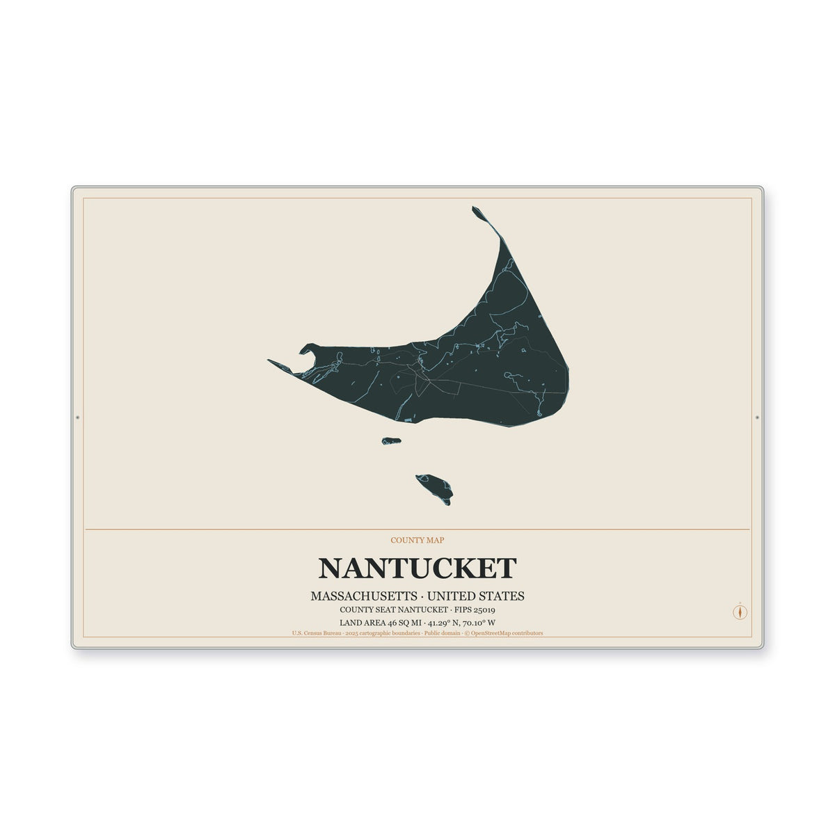 Nantucket County, Massachusetts Map Aluminum Sign in Headline Atlas style