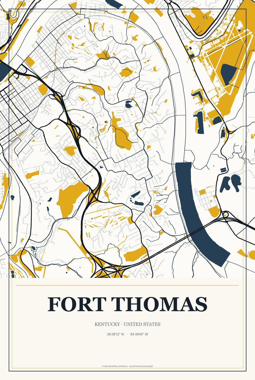 Fort Thomas, Kentucky City Map Aluminum Sign in Citrine Modern style
