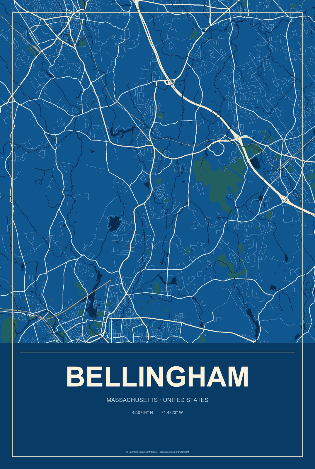 Bellingham, Massachusetts City Map Aluminum Sign in Harbor Cobalt style