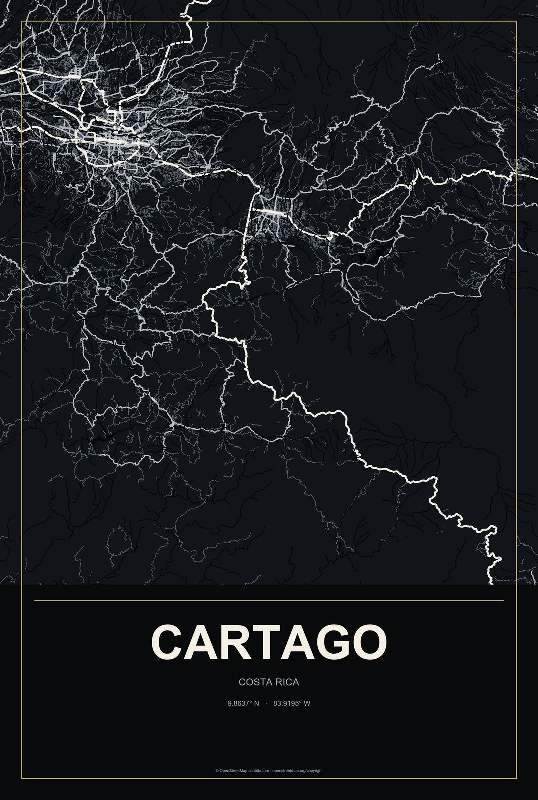 Cartago, Costa Rica City Map Aluminum Sign in Metropolitan Noir style