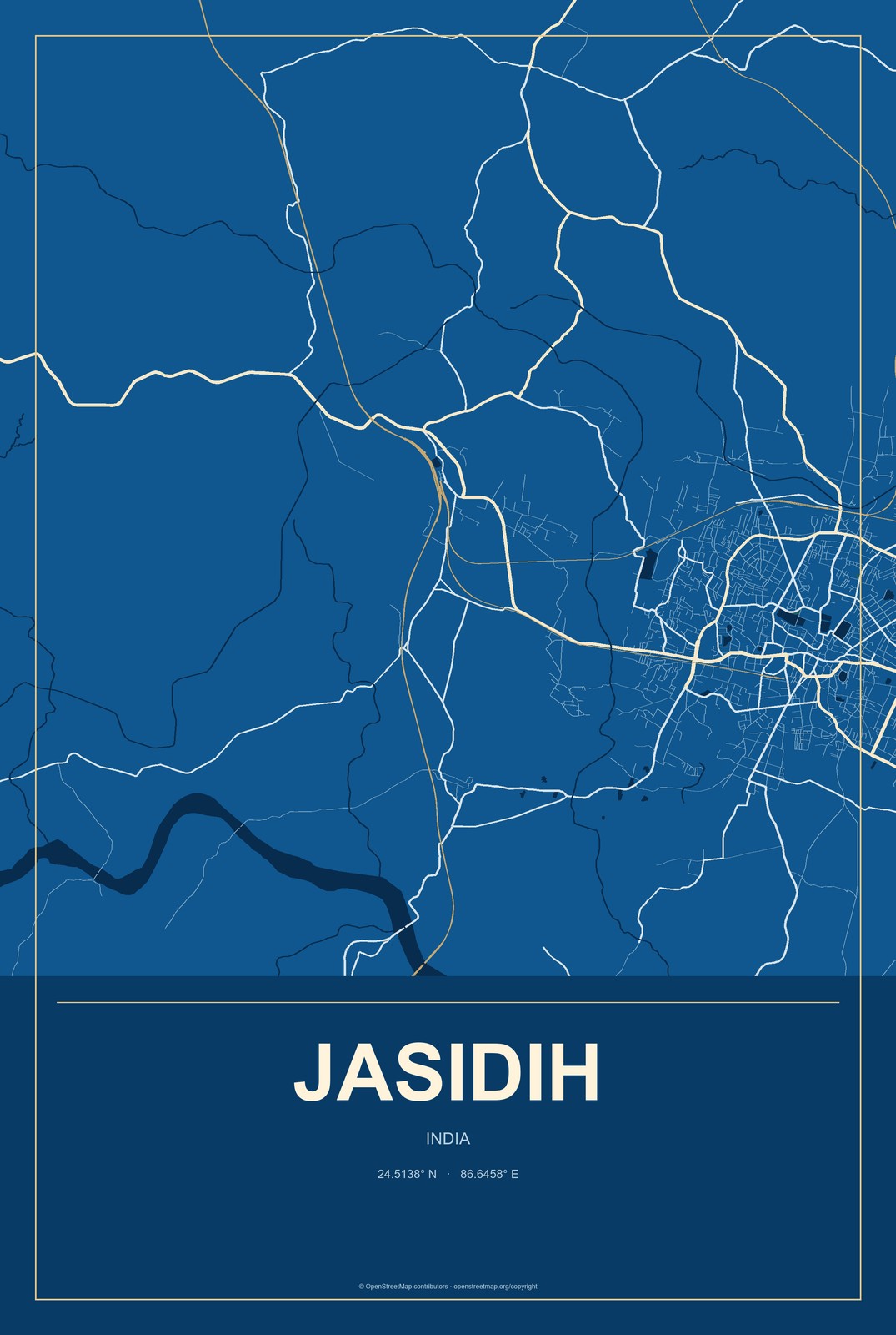 Jasidih, India City Map Aluminum Sign in Harbor Cobalt style