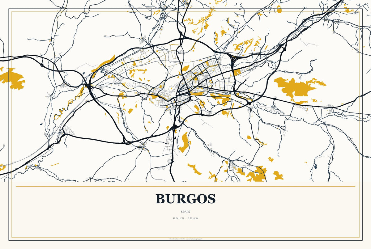Burgos, Spain City Map Aluminum Sign in Citrine Modern style