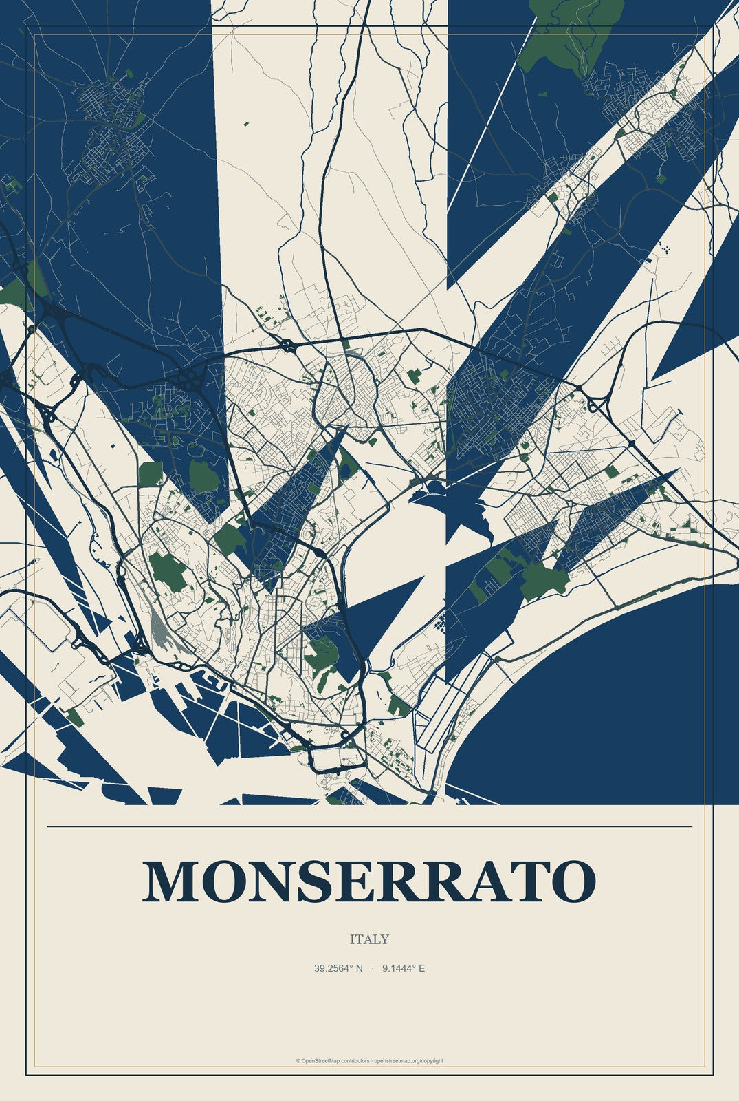 Monserrato, Italy City Map Aluminum Sign in Coastal Cutout style