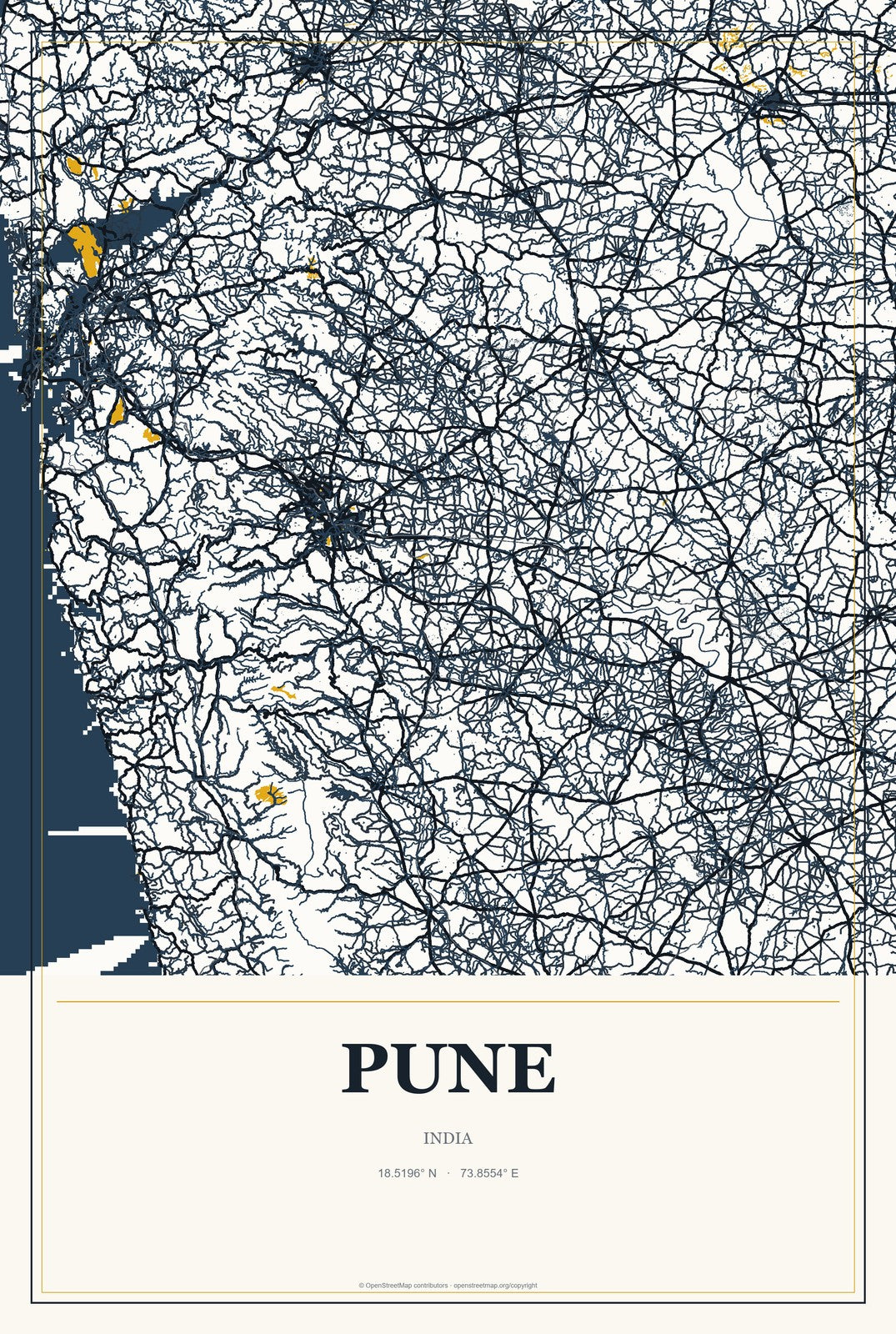 Pune, India City Map Aluminum Sign in Citrine Modern style