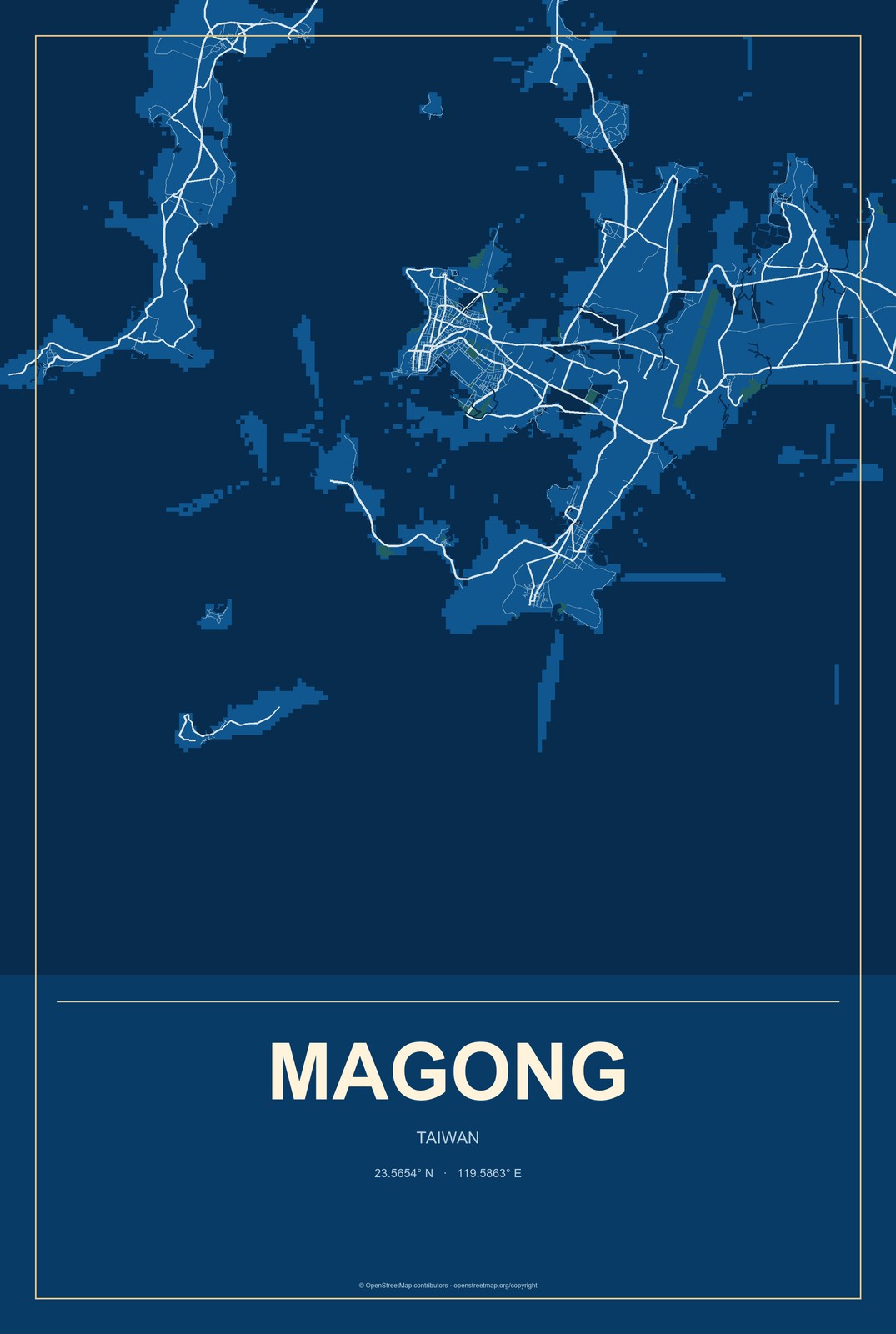 Magong, Taiwan City Map Aluminum Sign in Harbor Cobalt style
