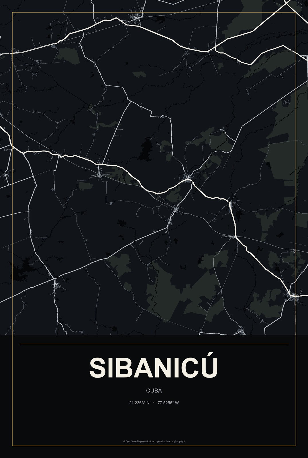 Sibanicú, Cuba City Map Aluminum Sign in Metropolitan Noir style