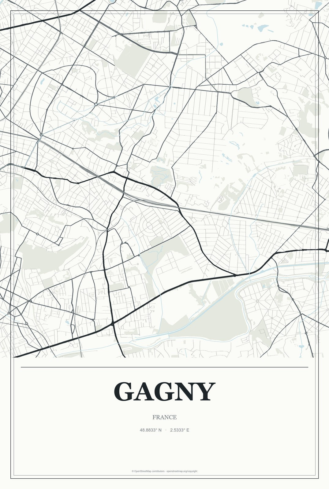 Gagny, France City Map Aluminum Sign in Gallery Air style