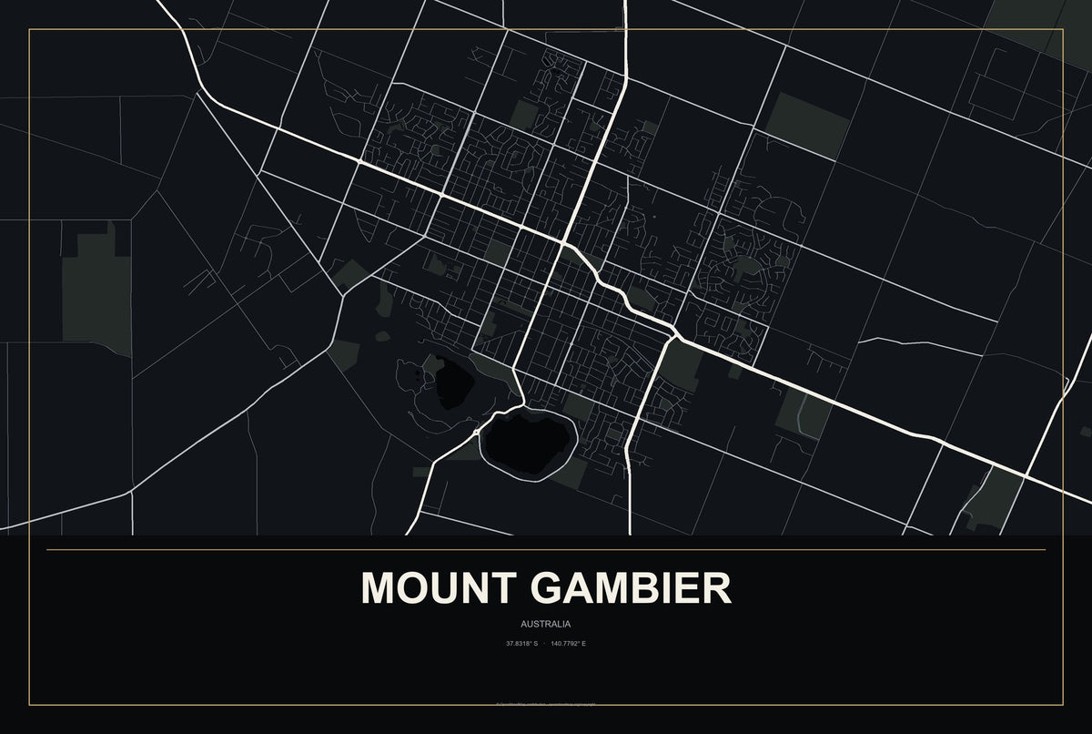 Mount Gambier, Australia City Map Aluminum Sign in Metropolitan Noir style