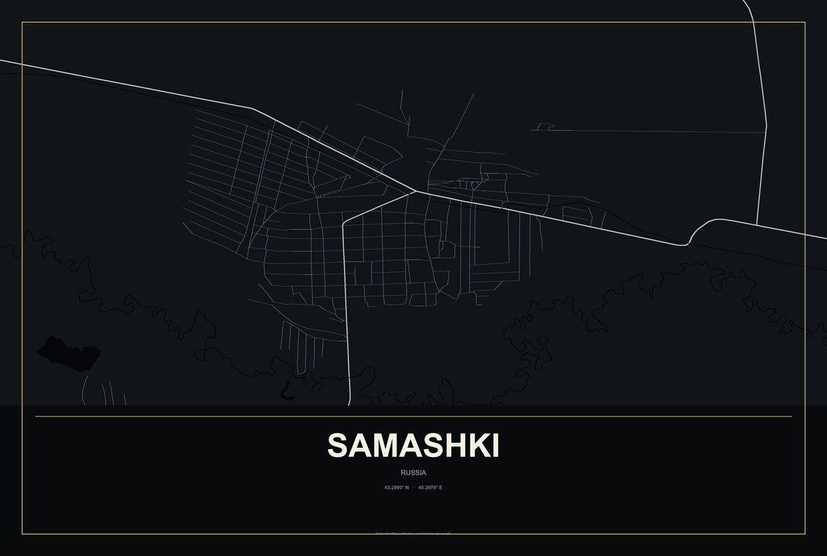Samashki, Russia City Map Aluminum Sign in Metropolitan Noir style