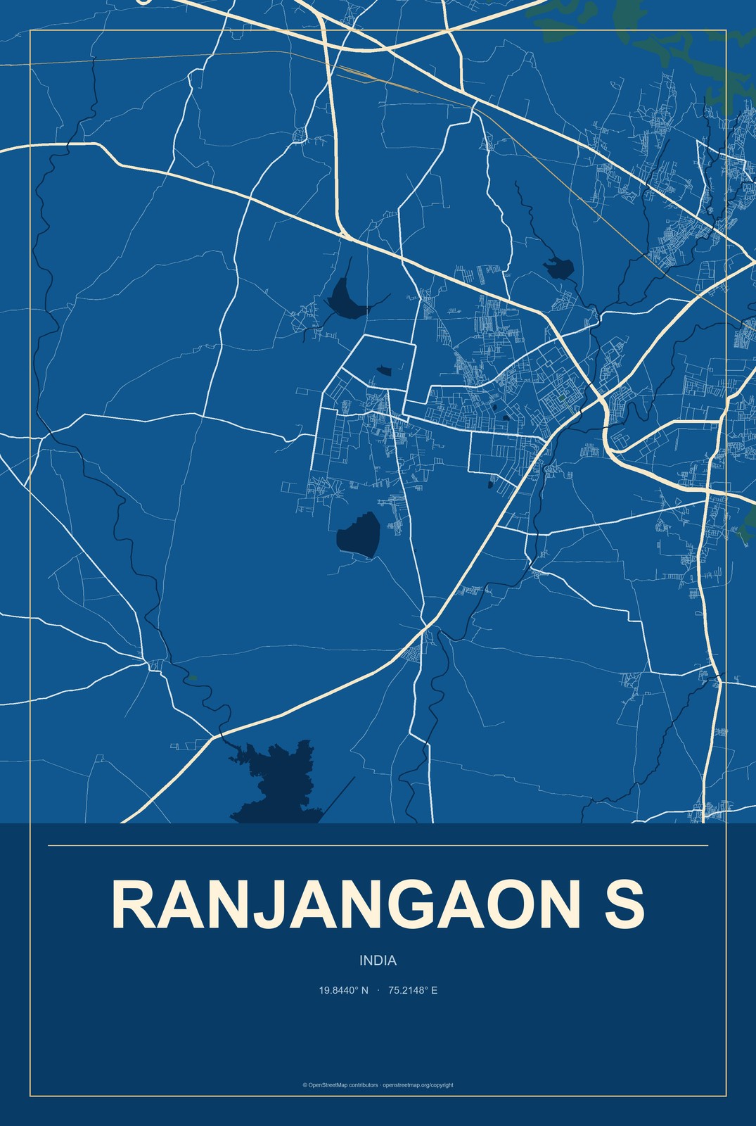 Ranjangaon S, India City Map Aluminum Sign in Harbor Cobalt style