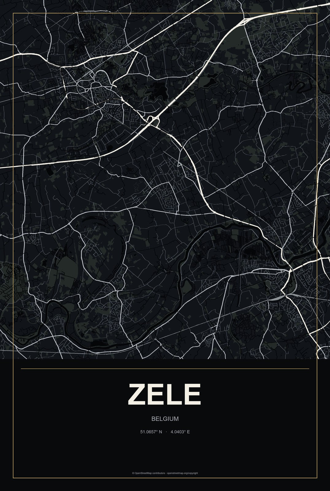 Zele, Belgium City Map Aluminum Sign in Metropolitan Noir style