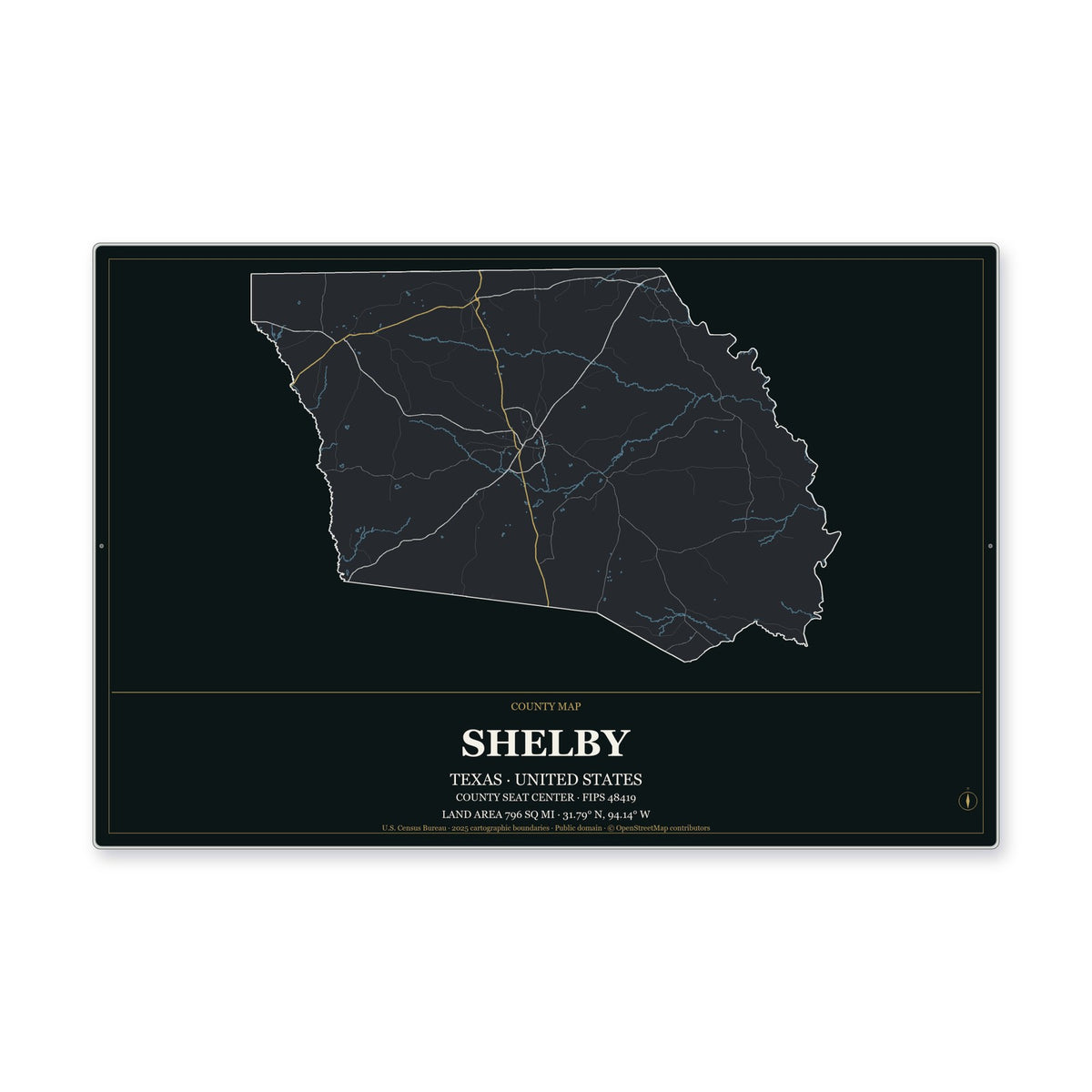 Shelby County, Texas Map Aluminum Sign in Metropolitan Noir style