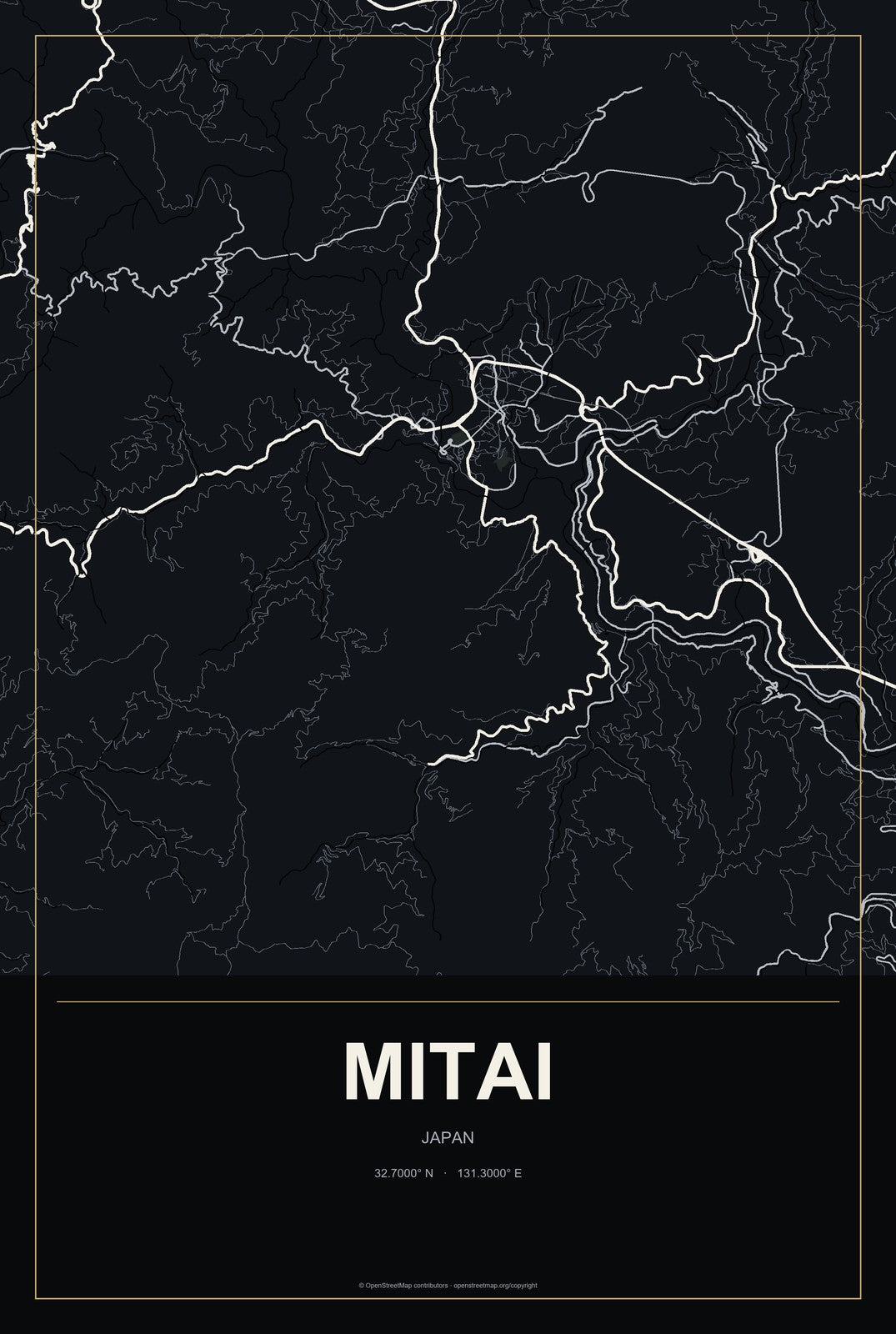 Mitai, Japan City Map Aluminum Sign in Metropolitan Noir style