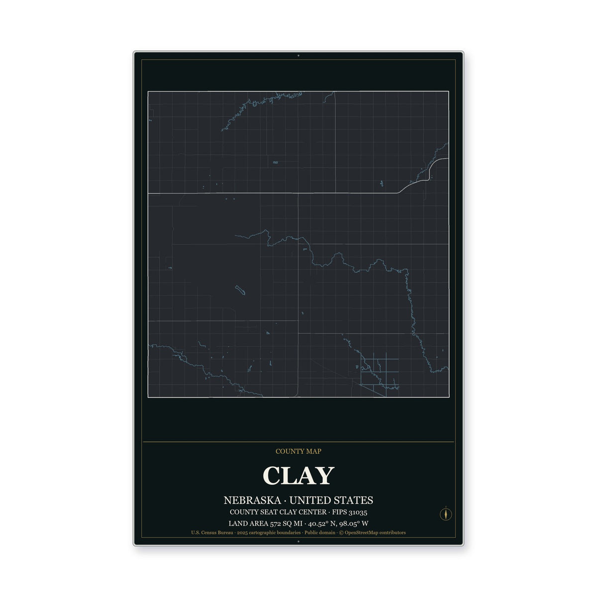 Clay County, Nebraska Map Aluminum Sign in Metropolitan Noir style