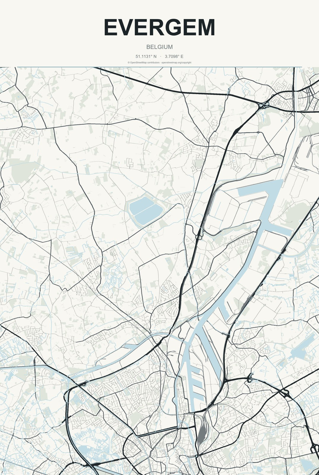 Evergem, Belgium City Map Aluminum Sign in Headline Atlas style
