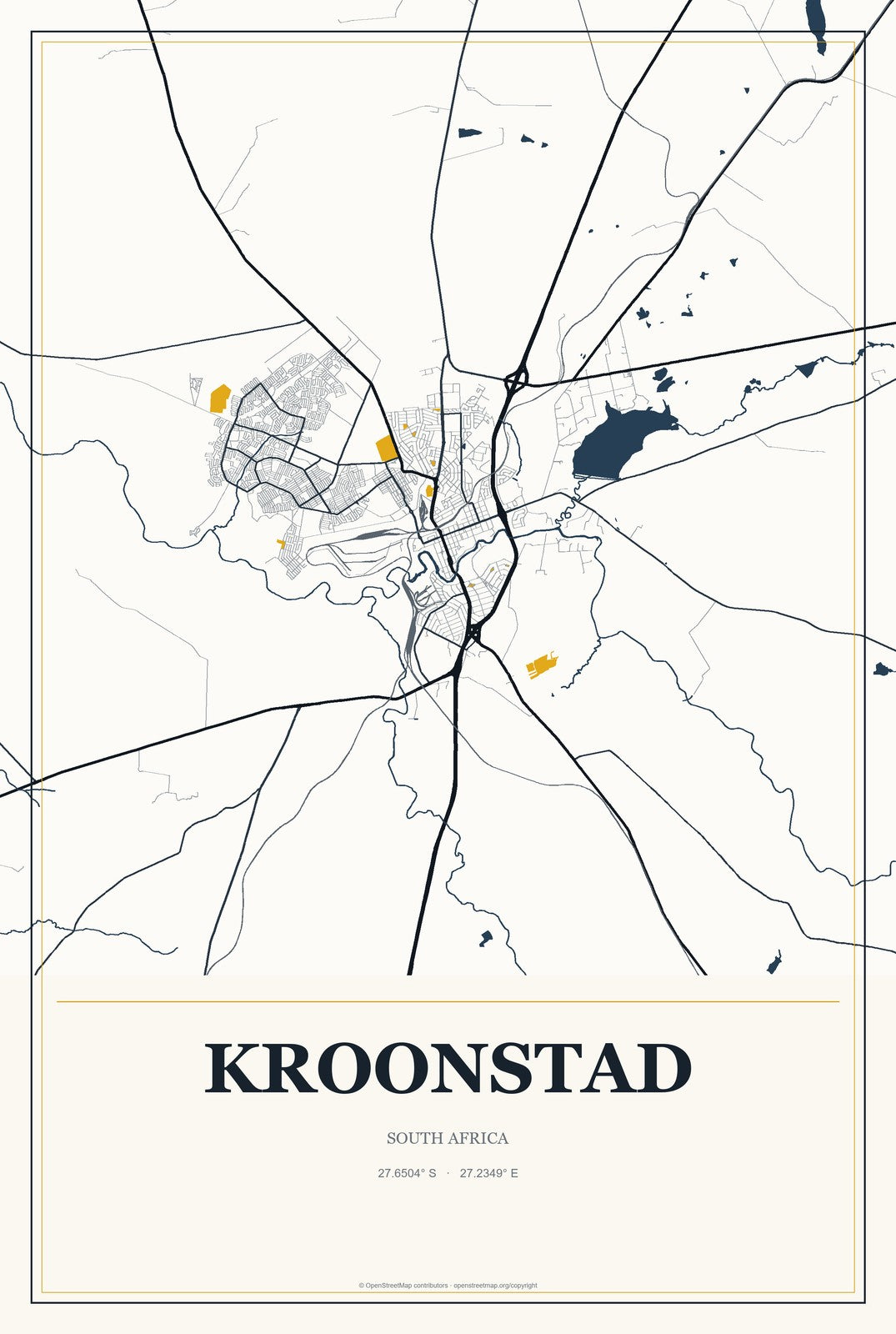 Kroonstad, South Africa City Map Aluminum Sign in Citrine Modern style